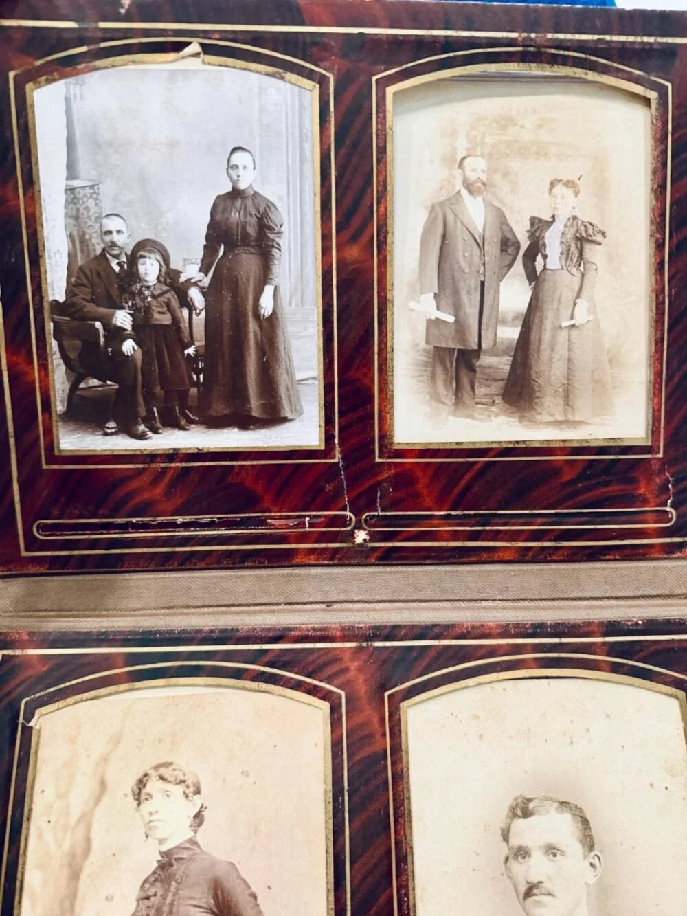 1800s Victorian photo album with brass sunflower and mirror 50 cabinet photos